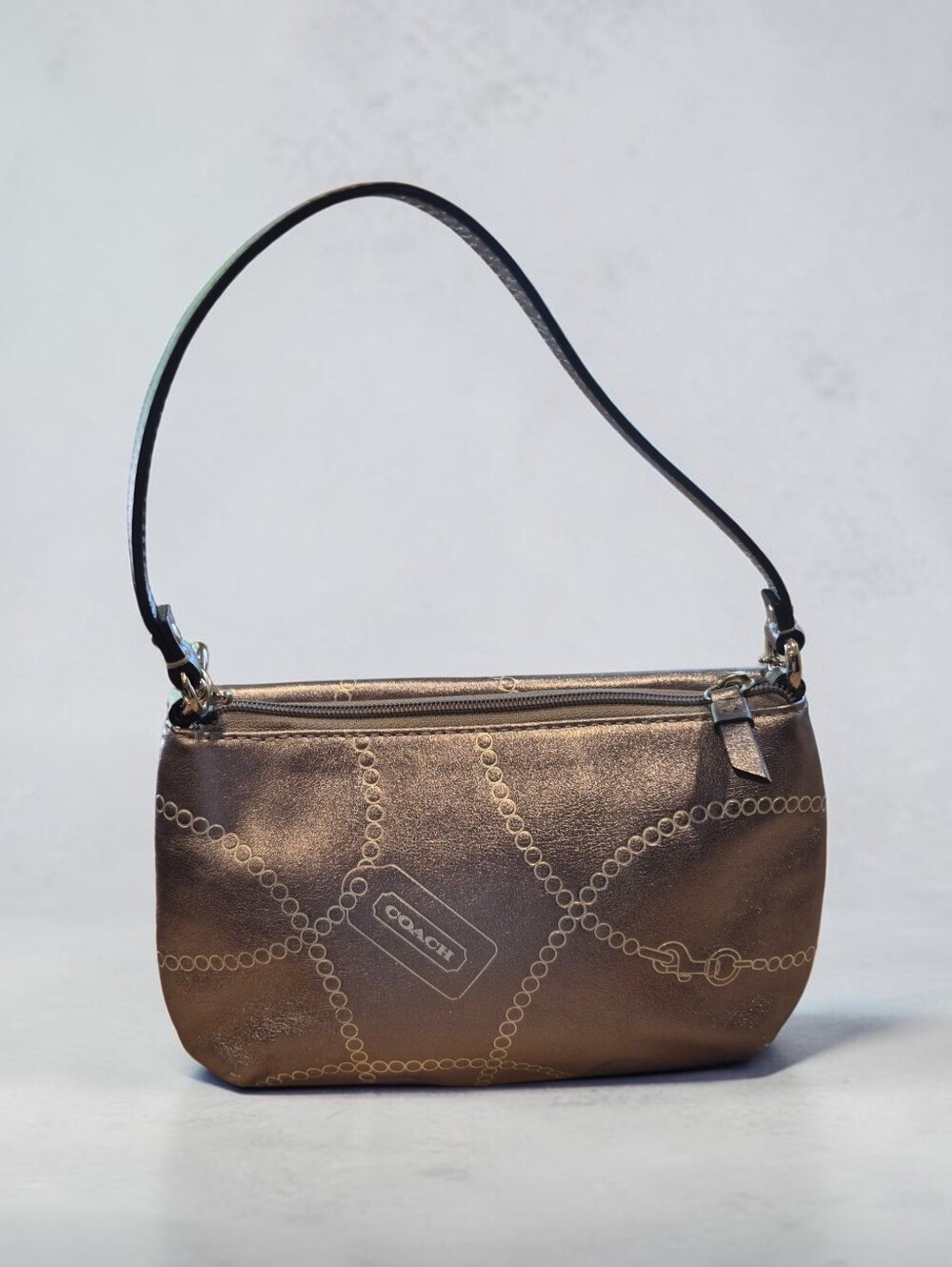 Coach Leather Metallic Silver Chain-Embossed Demi Flap Shoulder Bag - Picture 6 of 8